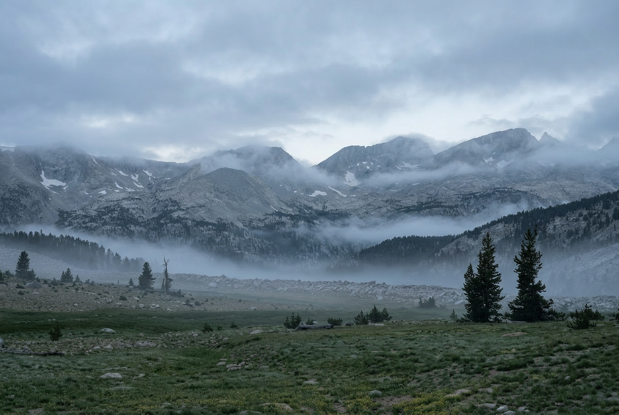 Misty mountain forest at dawn