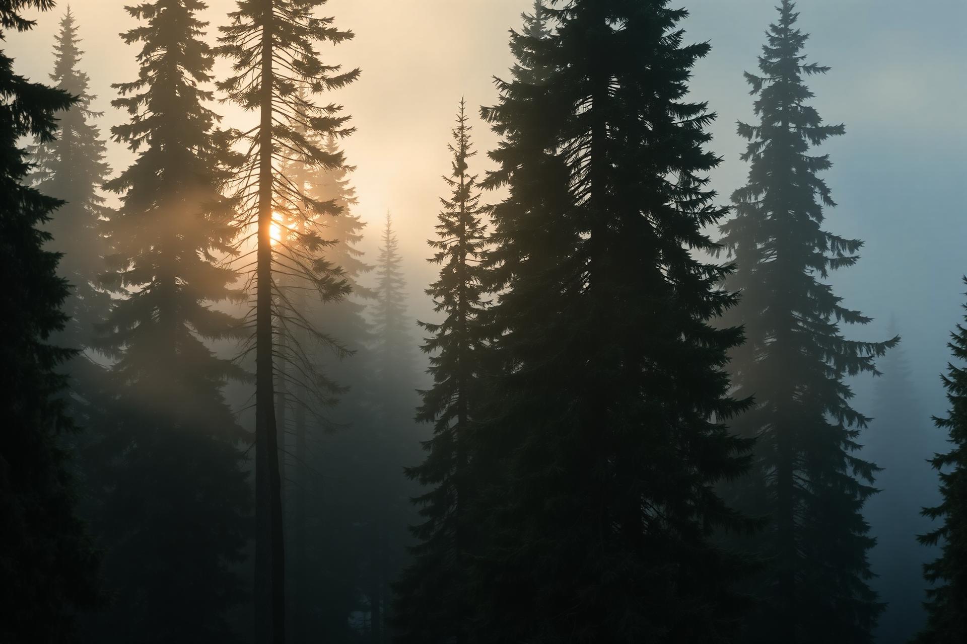 Misty mountain forest at dawn